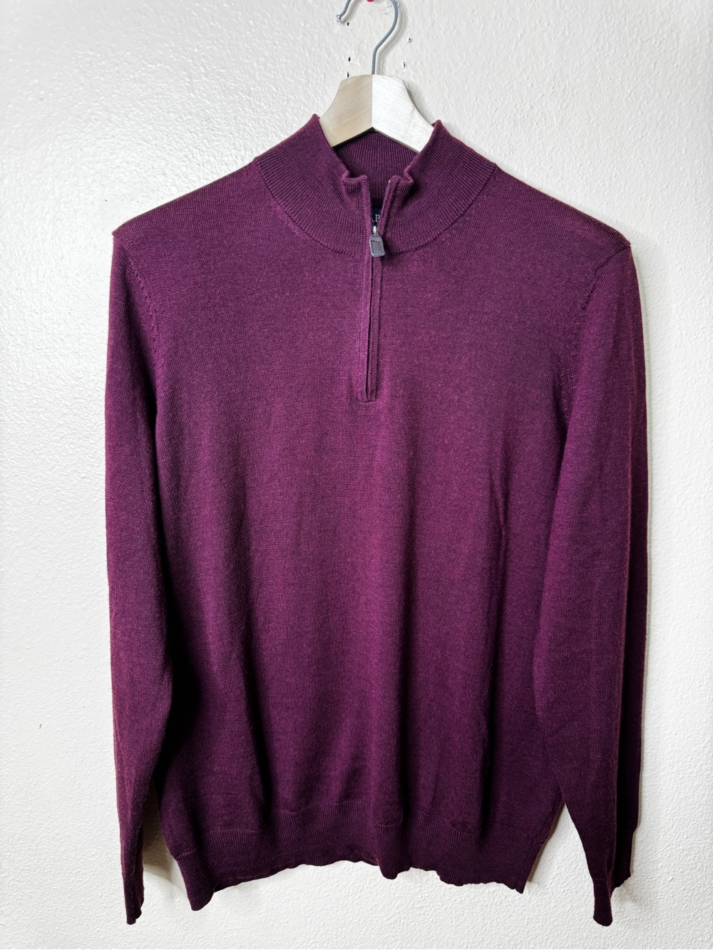 Jos A Bank Men’s Dark Plum Merino Wool Quarter Zip Sweater Tailored Fit L